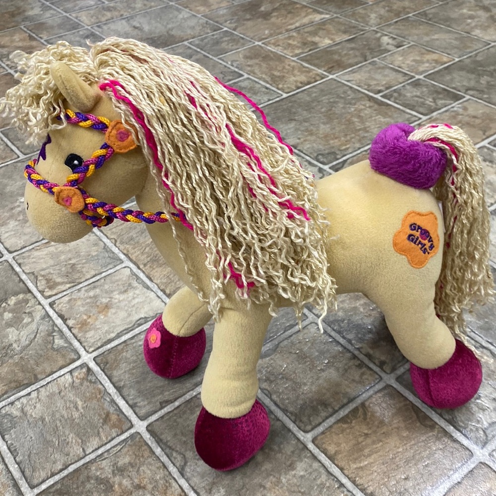 Vintage Groovy girls Kids Plush Horse - Tan and Pink